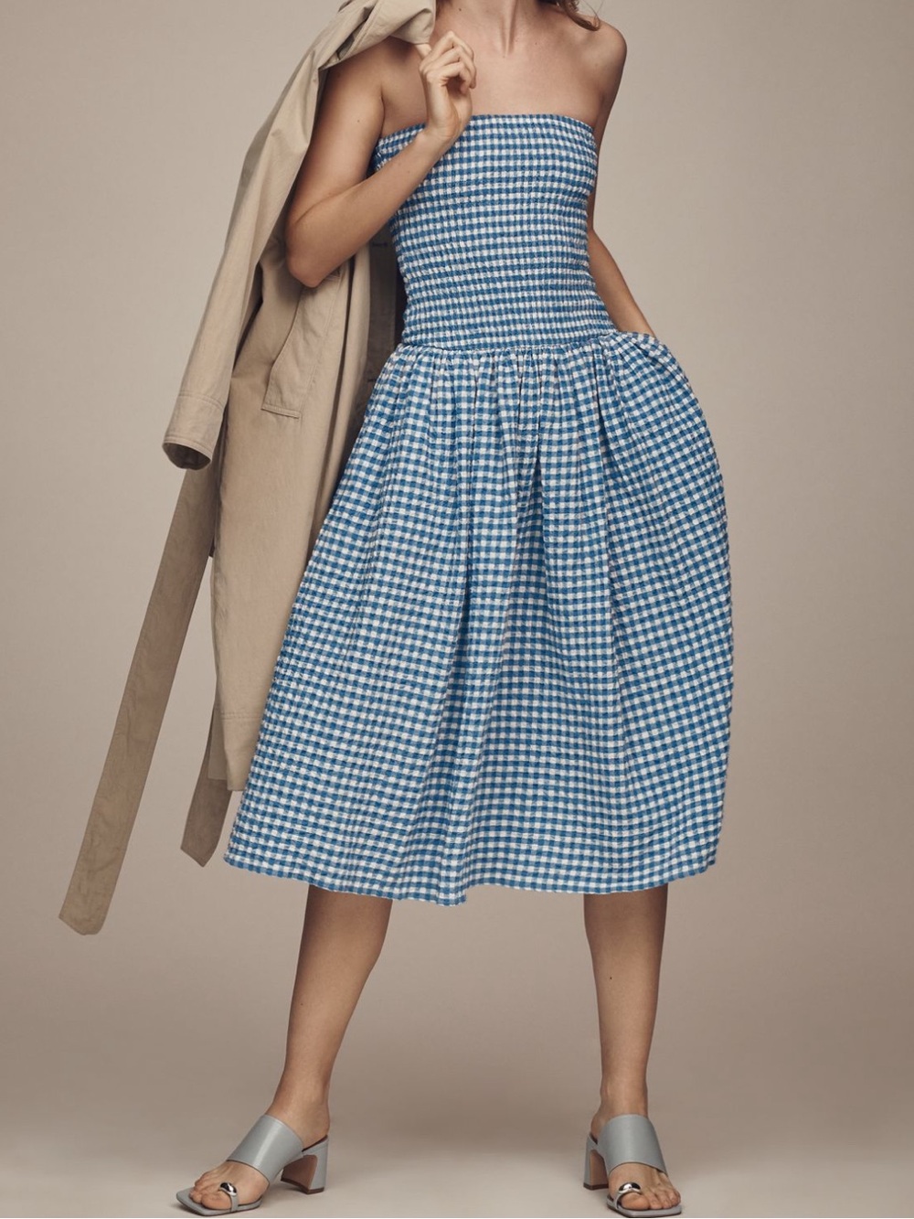 NWT Anthropologie Maeve Strapless Smocked Midi Dress in Blue Gingham Plaid Print - Picture 1 of 5